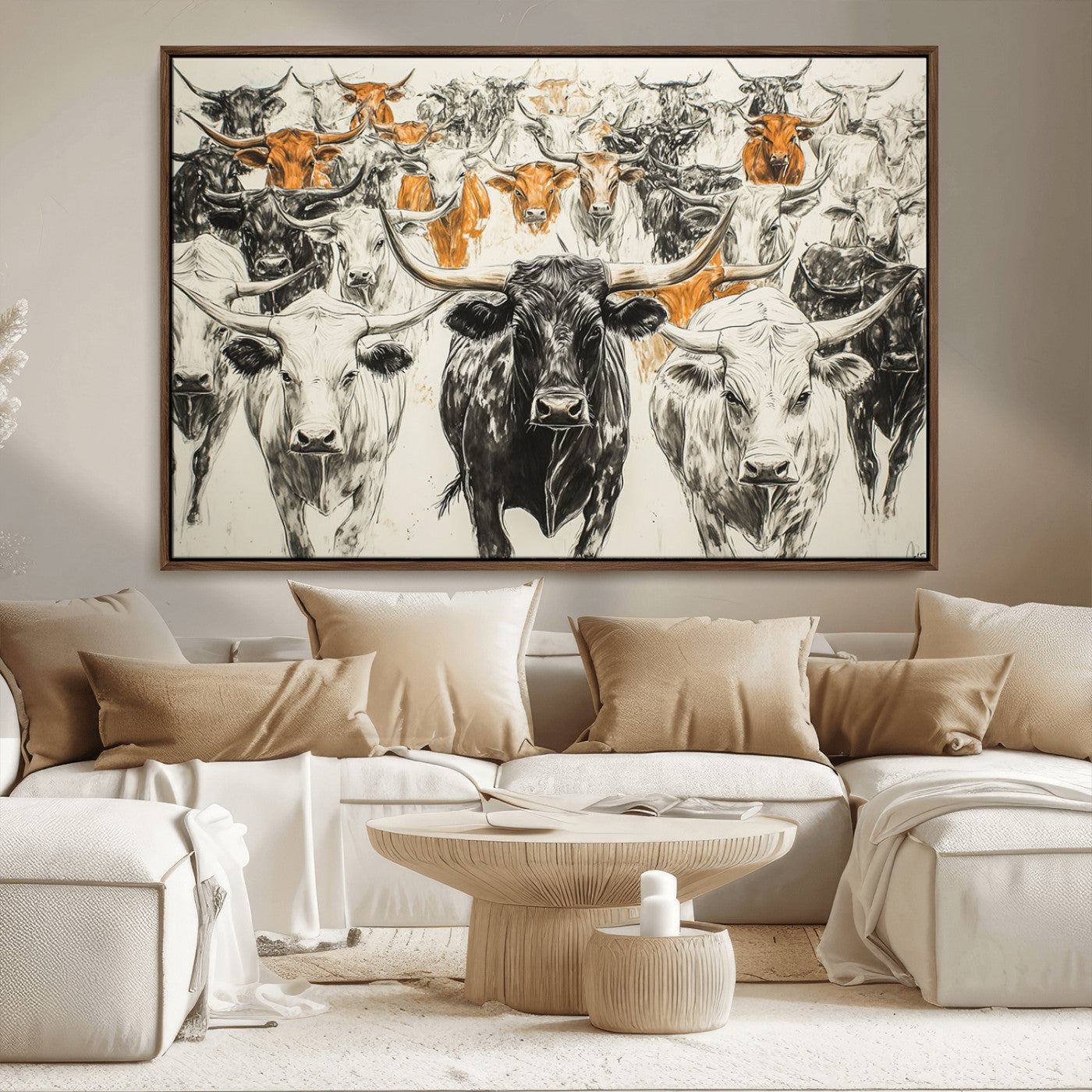 MGV-FC-36X24 - Texas Longhorn Wall Art - Herd Canvas Wall Art Print - Abstract Cow Drawing Wall Art Print for