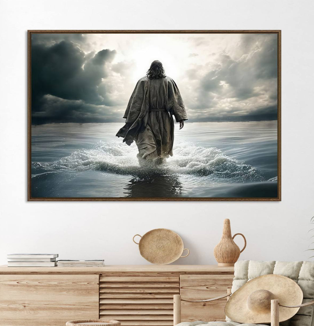 A canvas wall art depicting a figure walking on water beneath dramatic clouds, designed as inspirational religious imagery and ready to hang.