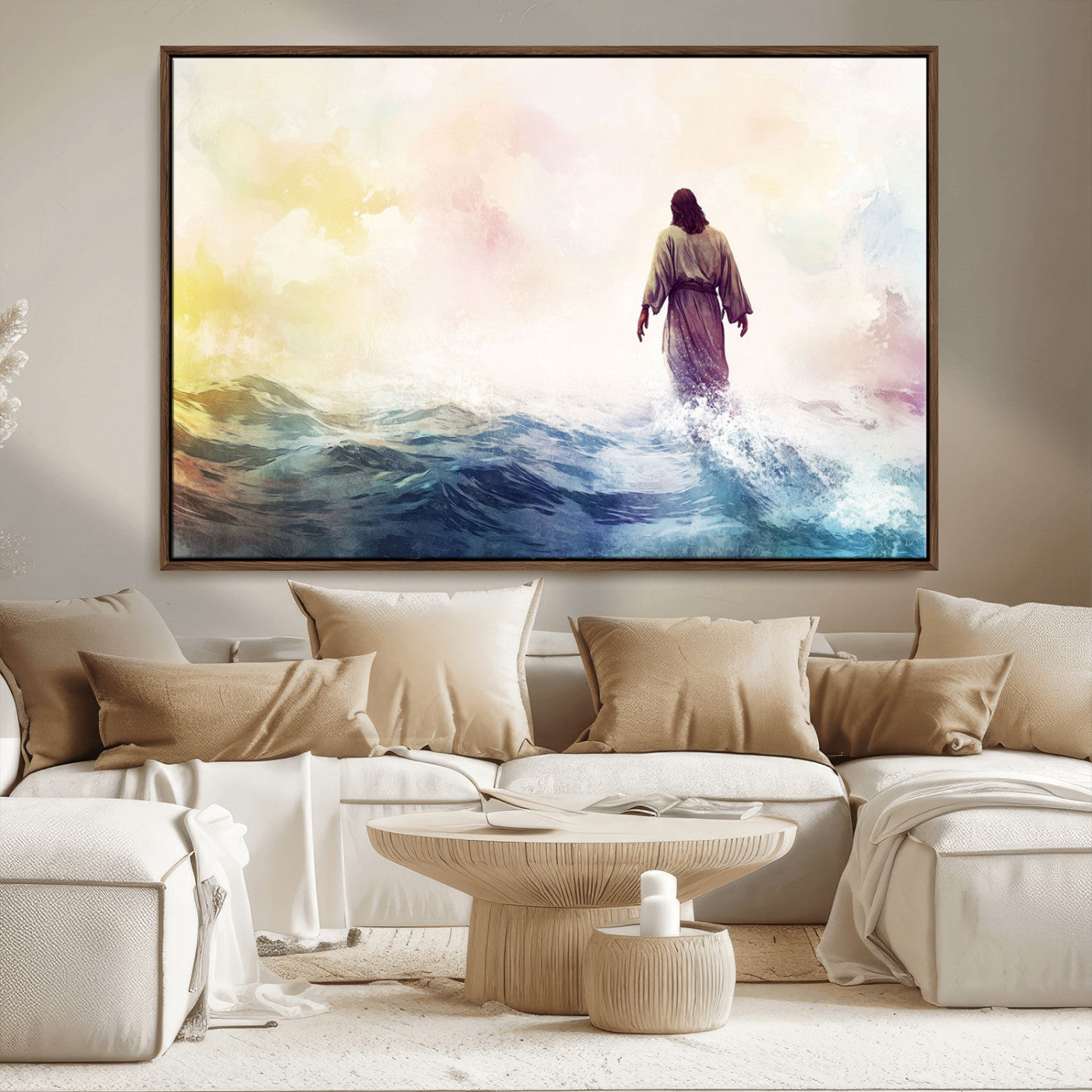 MGV-FC-36X24 - Watercolor Jesus Walking on Water Canvas Print, Christian Wall Art, Jesus Christ Walking