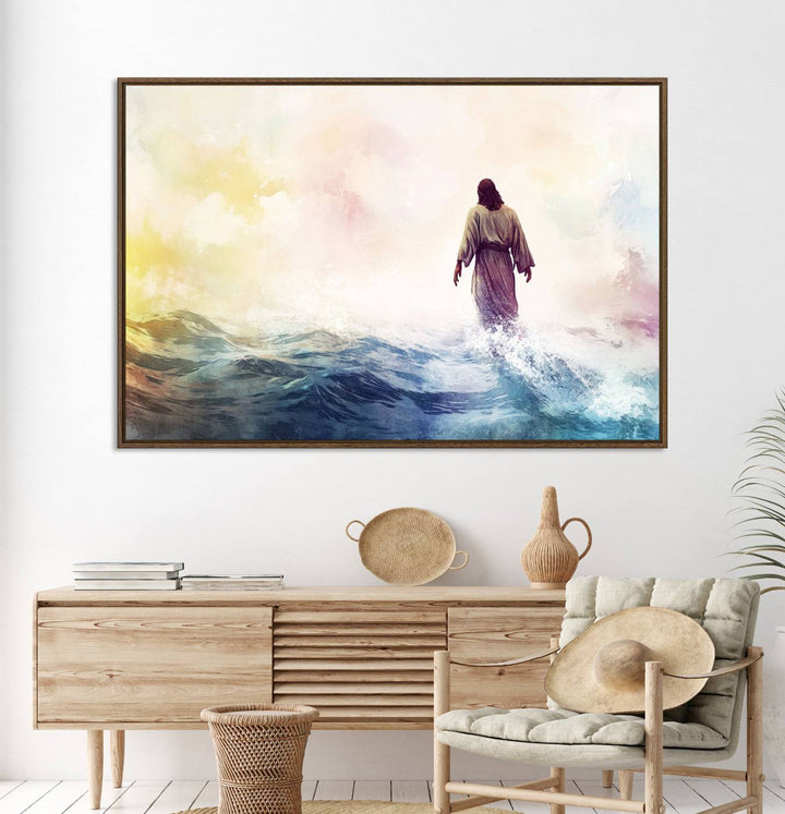 A robed figure strides on water in gentle waves, evoking the Watercolor Jesus Walking on Water canvas art.