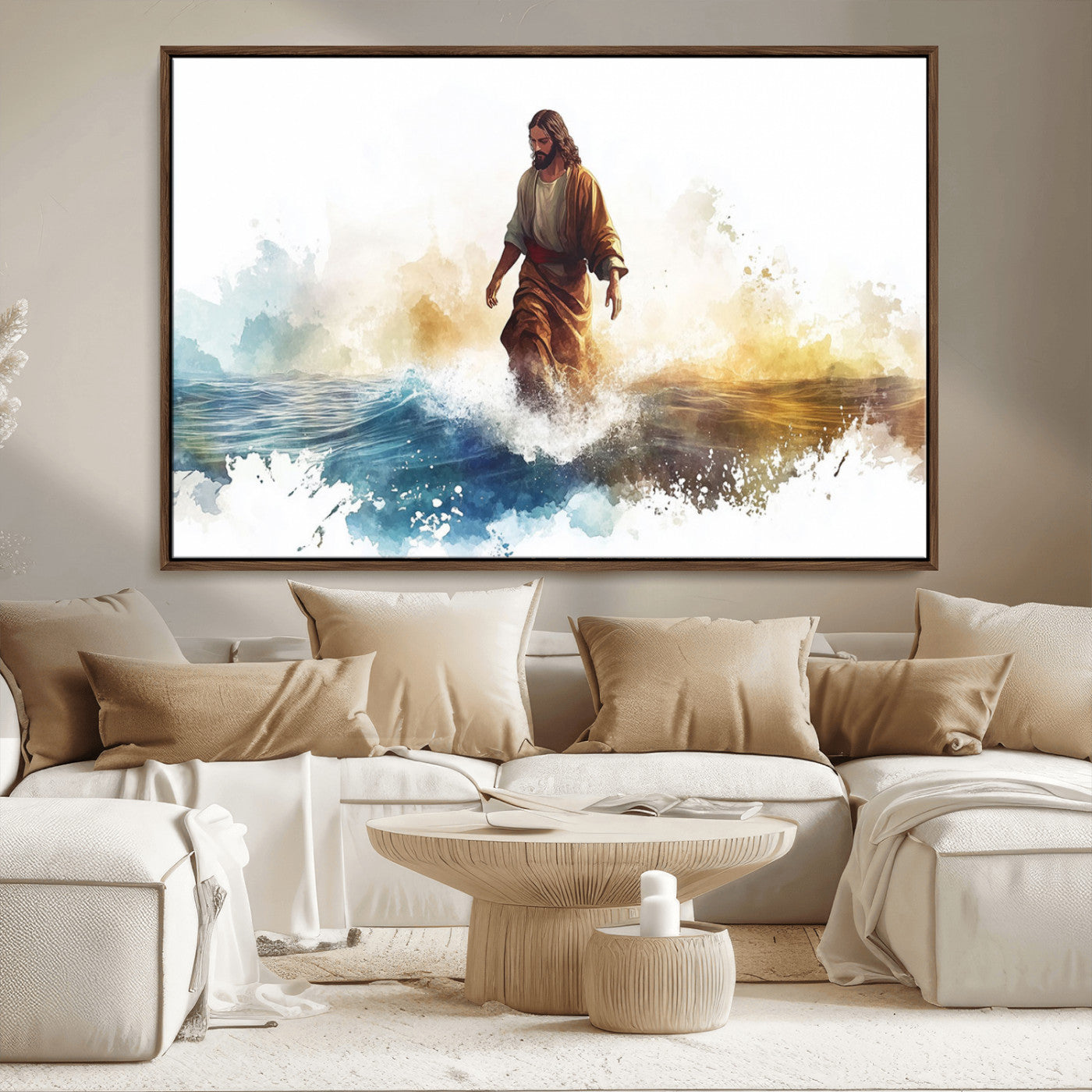 MGV-FC-36X24 - Watercolor Jesus Walking Wall Art Print, Jesus Water Canvas Print, Christian Wall Art, Jesus Christ