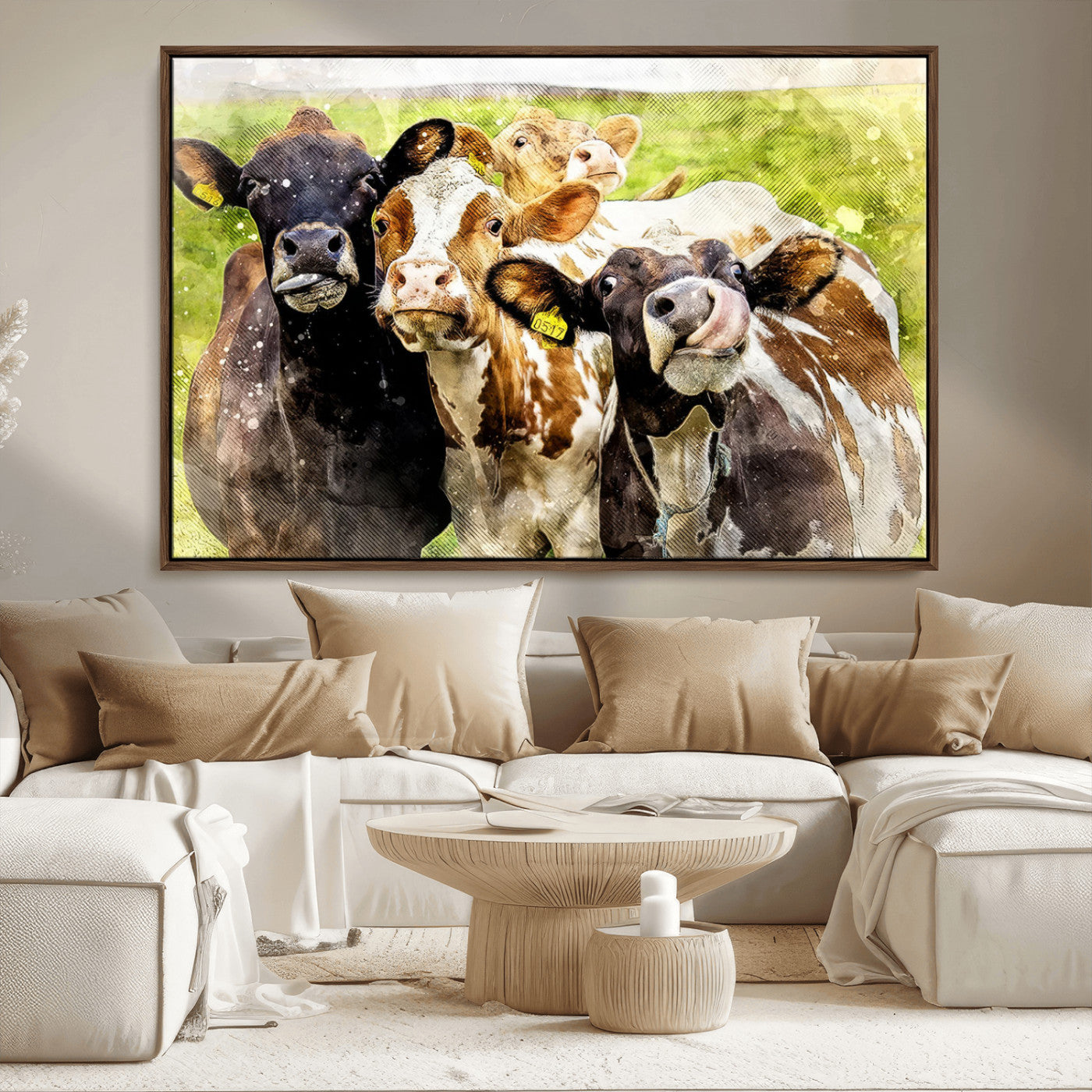 MGV-FC-36X24 - Curious Cows Farmhouse Wall Art | Ready to Hang and Framed Canvas Print | Rustic Farm Decor