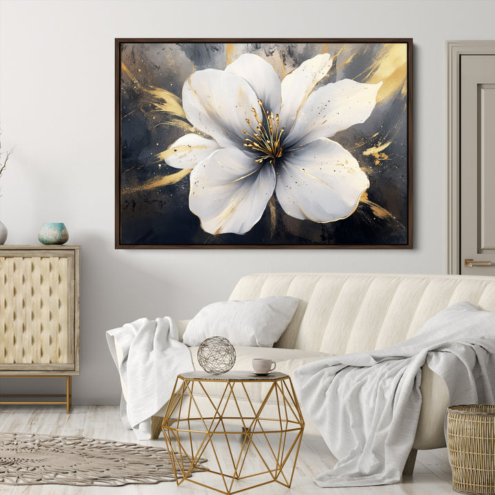 White Flower Wall Art | Canvas Print | Ready to Hang | Abstract Floral Wall Decor | Elegant Bloom Artwork | Framed for Living Room or Bedroom