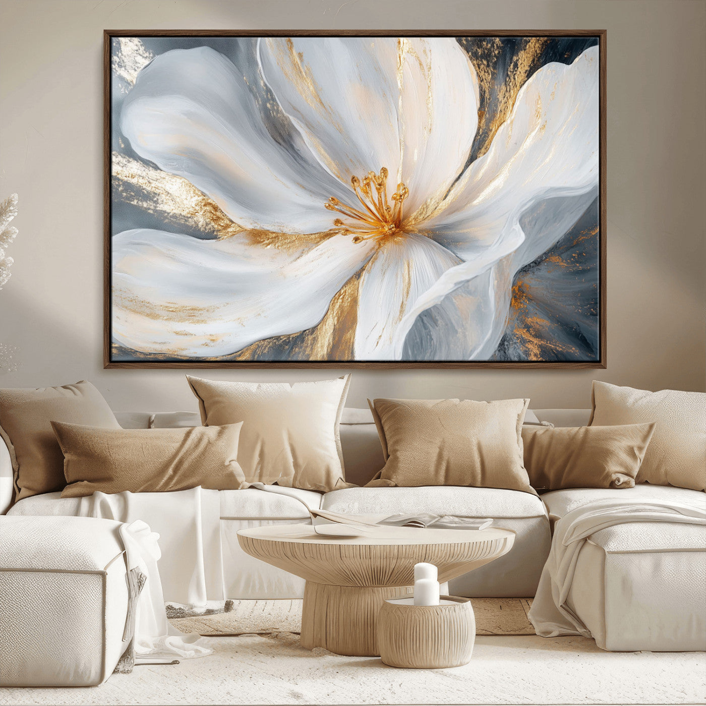 MGV-FC-36X24 - White and Gold Floral Canvas Wall Art - Framed and Ready to Hang - Perfect for Modern Living Rooms