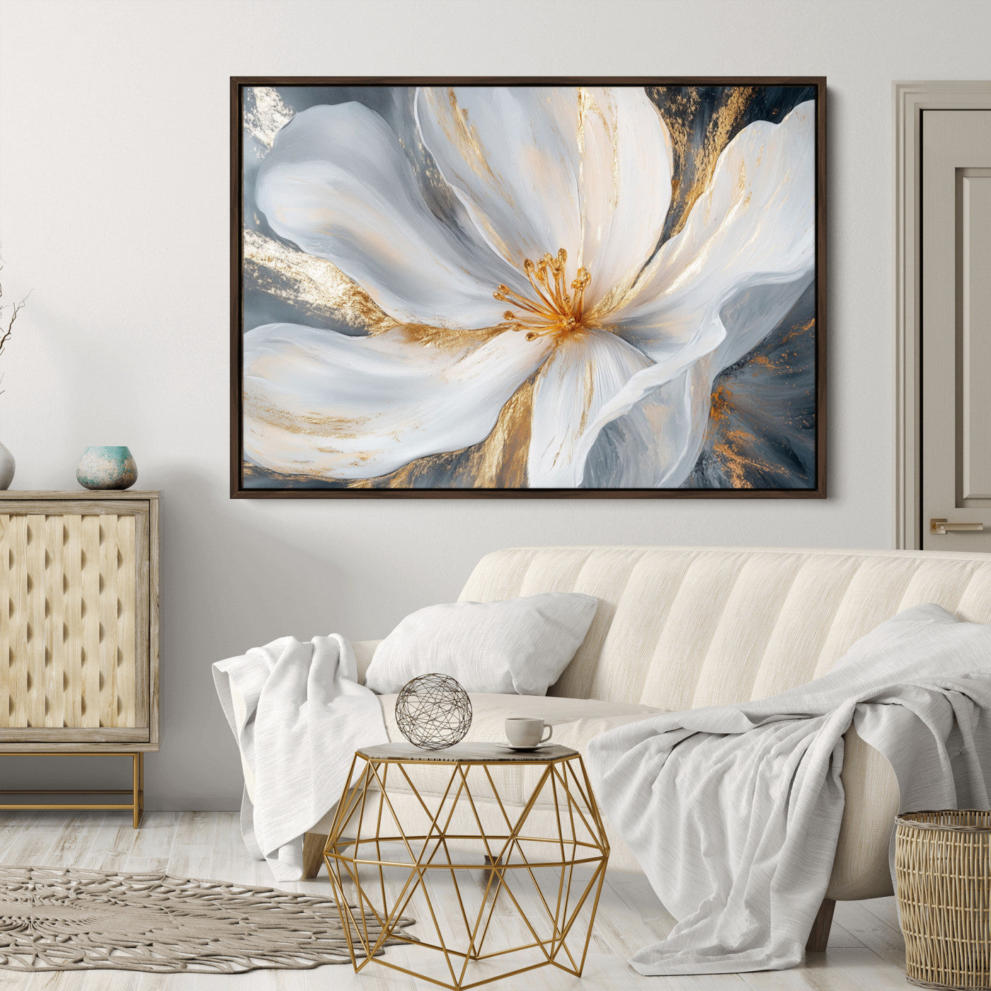 83149-MGV-CV-36X24-White and Gold Floral Canvas Wall Art - Framed and Ready to Hang - Perfect for Modern Living Rooms