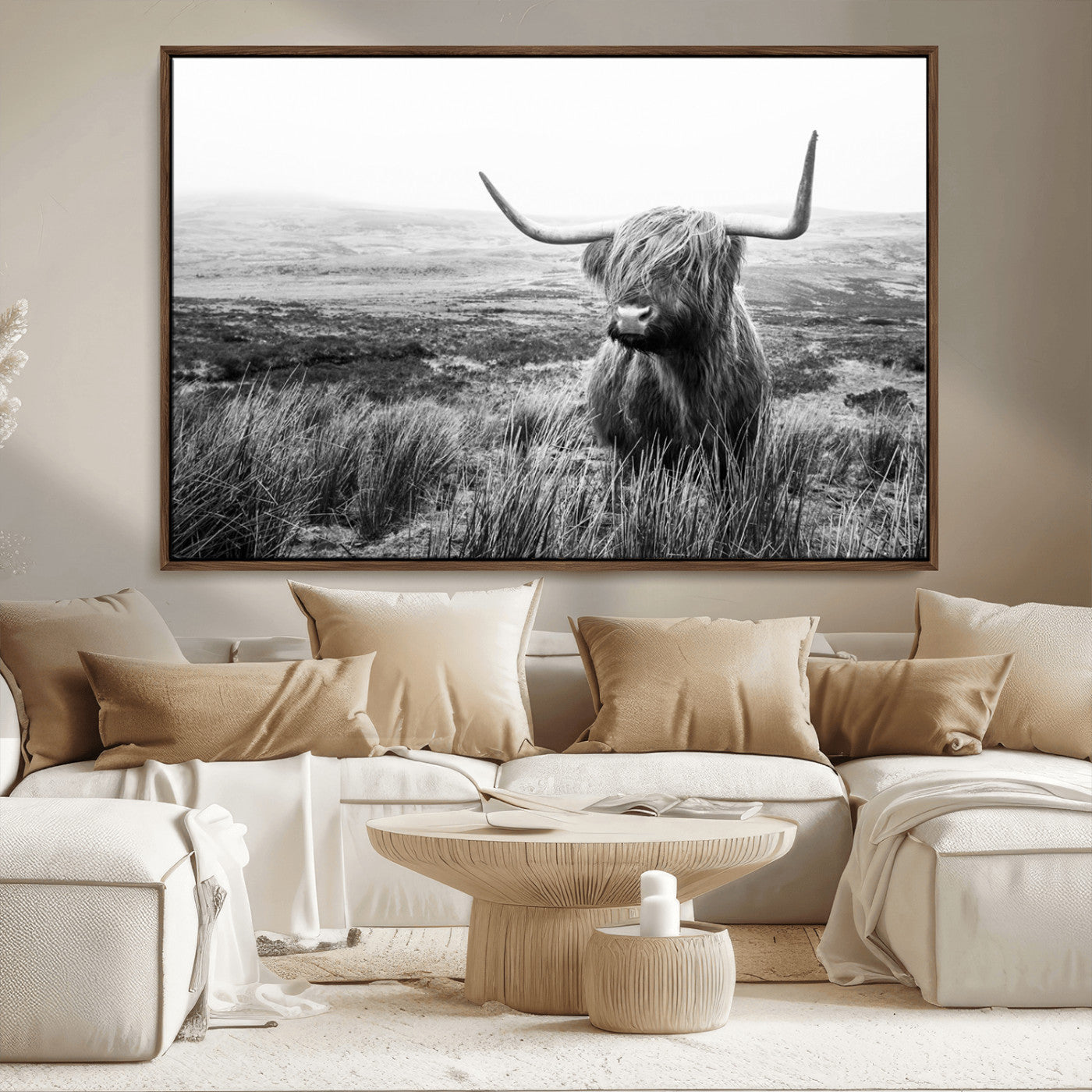 MGV-FC-36X24 - Scottish Highland Cow Wall Art | Black and White Canvas Print | Ready to Hang and Framed | Rustic