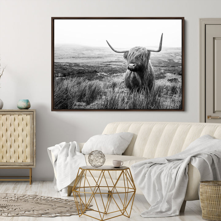 Scottish Highland Cow Wall Art | Black and White Canvas Print | Ready to Hang and Framed | Rustic Farmhouse Wall Decor for Living Room or