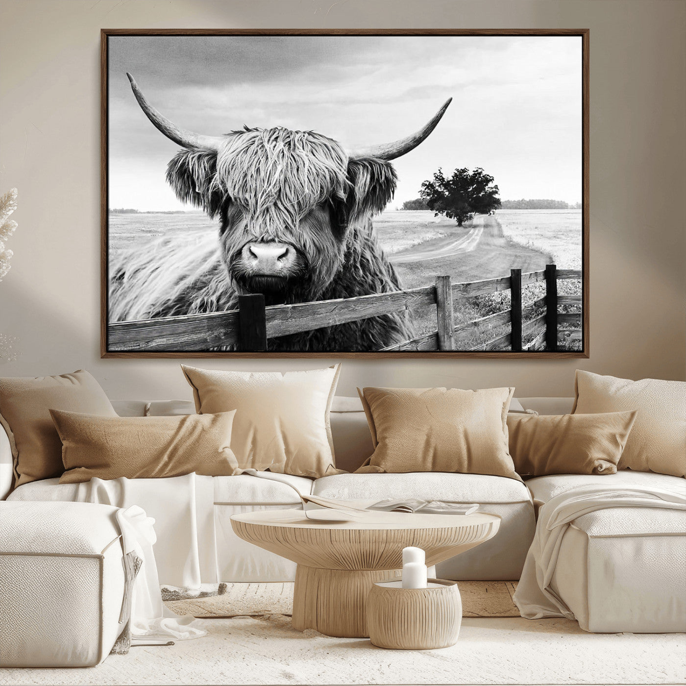 MGV-FC-36X24 - Scottish Highland Cow Wall Art | Rustic Farmhouse Décor | Black and White Ready to Hang Canvas Print