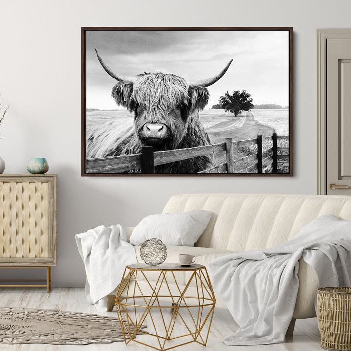 Scottish Highland Cow Wall Art | Rustic Farmhouse Décor | Black and White Ready to Hang Canvas Print