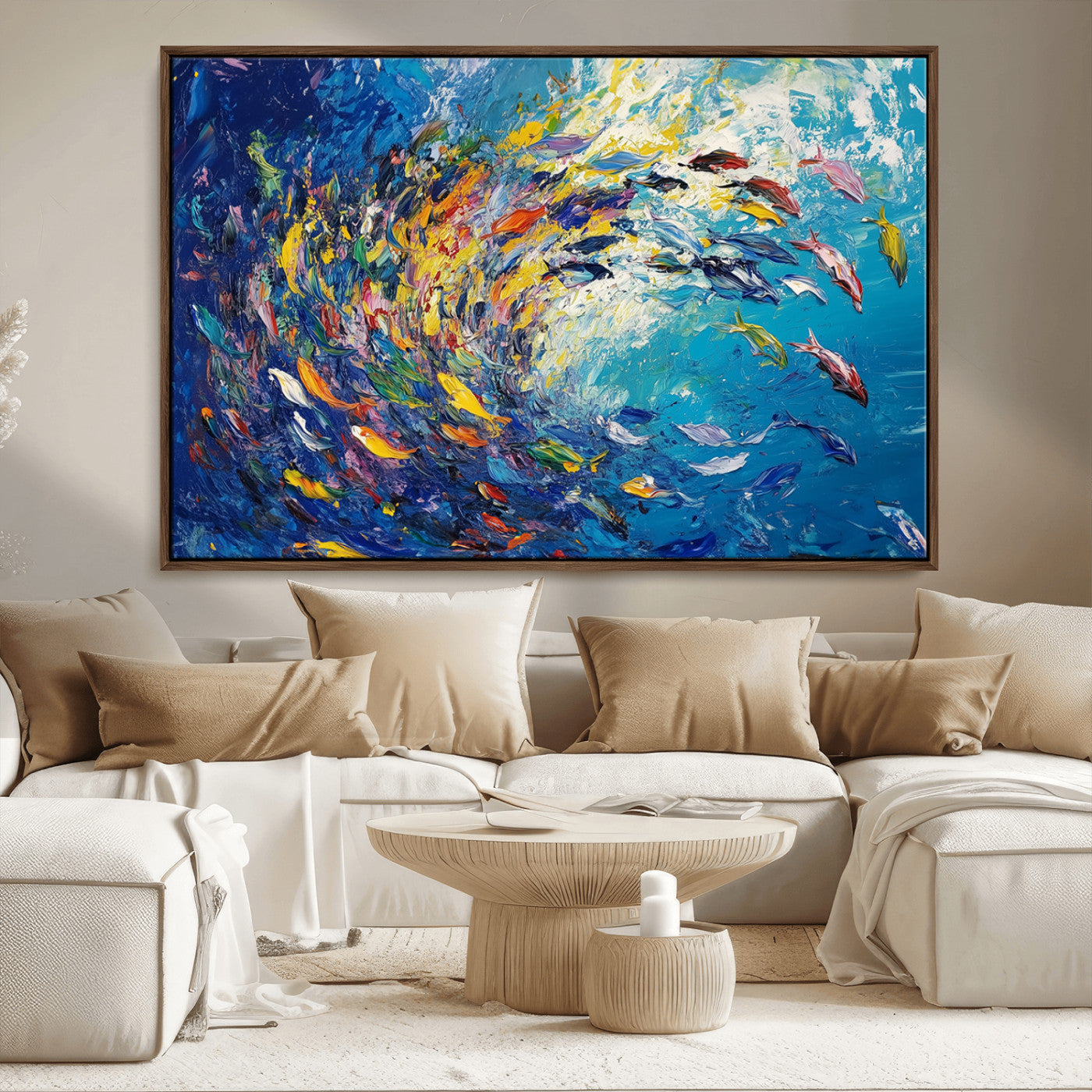 MGV-FC-36X24 - Colorful Swirling Fish School Wall Art Canvas Print | Oceanic Abstract Painting | Ready to Hang |