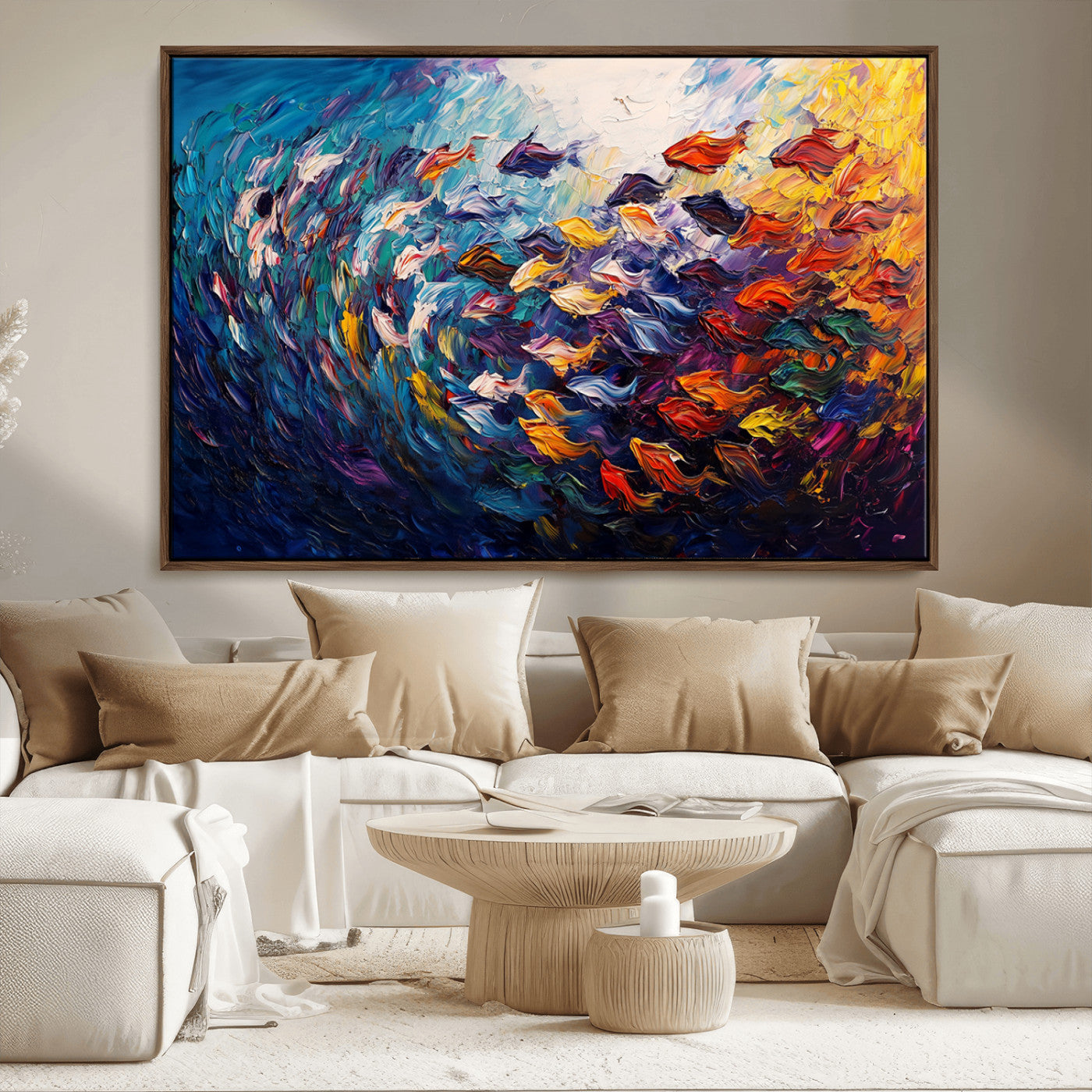 MGV-FC-36X24 - Vibrant Abstract Fish Swarm Art – Colorful Fish Inspired 3-Piece Canvas Wall Art for Living Room or