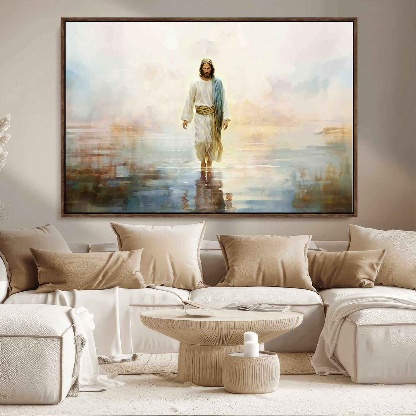 MGV-FC-36X24 - Framed Jesus Walking on Water Wall Art - 3-Panel Christian Canvas Prints, Religious Artwork for