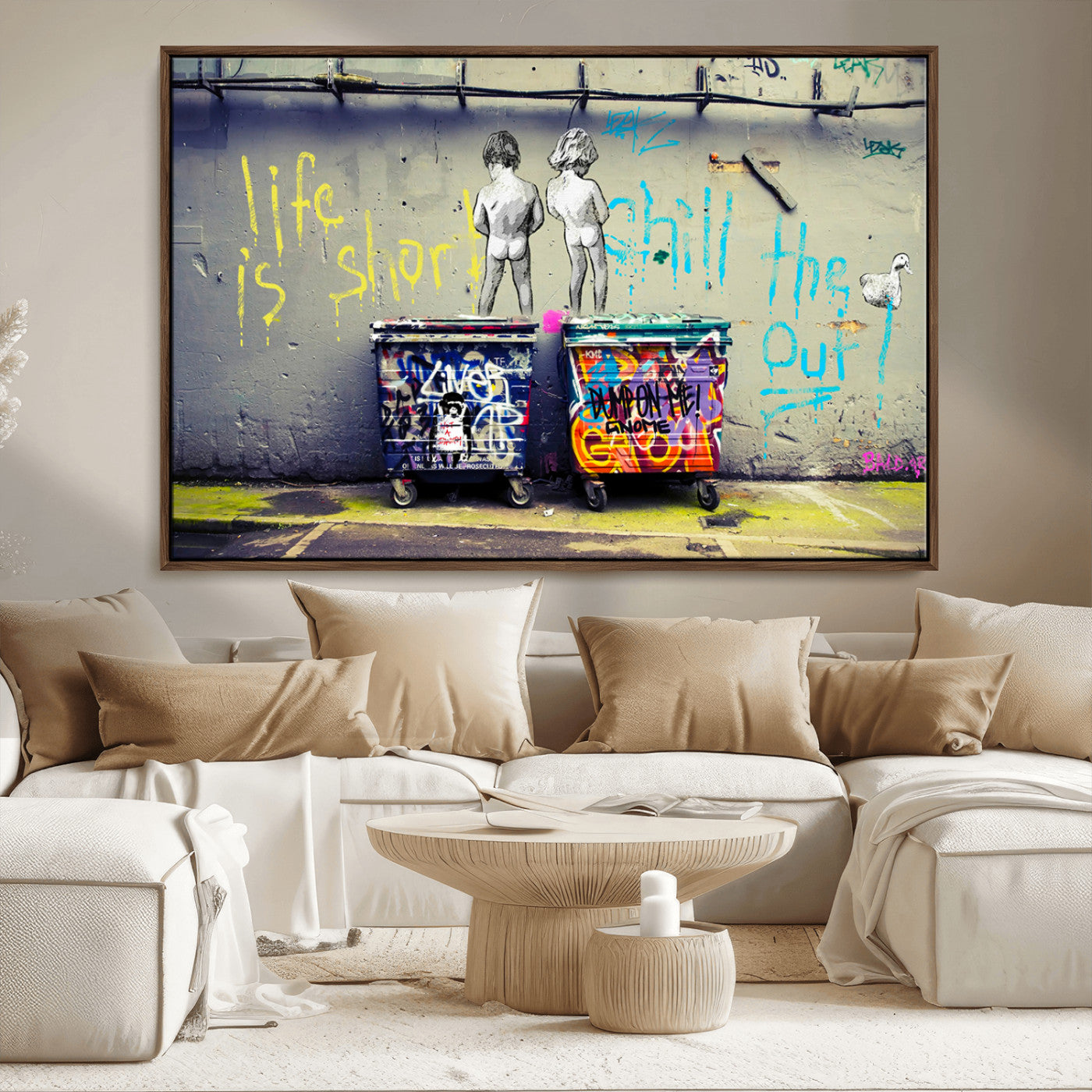 MGV-FC-36X24 - Banksy Life is Short Wall Art - Iconic Graffiti Art on Framed Ready-to-Hang Canvas - Street Art