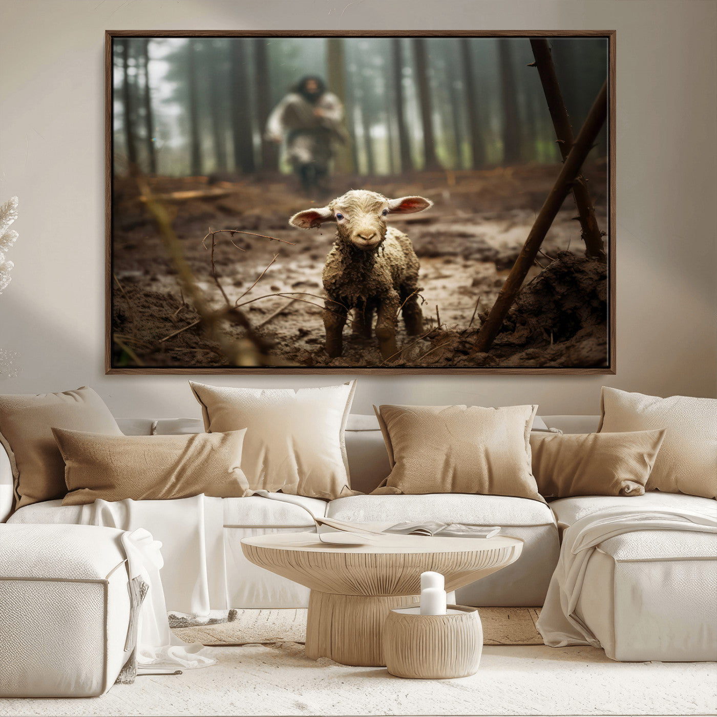 MGV-FC-36X24 - Jesus Running After a Lost Lamb Canvas Wall Art Print