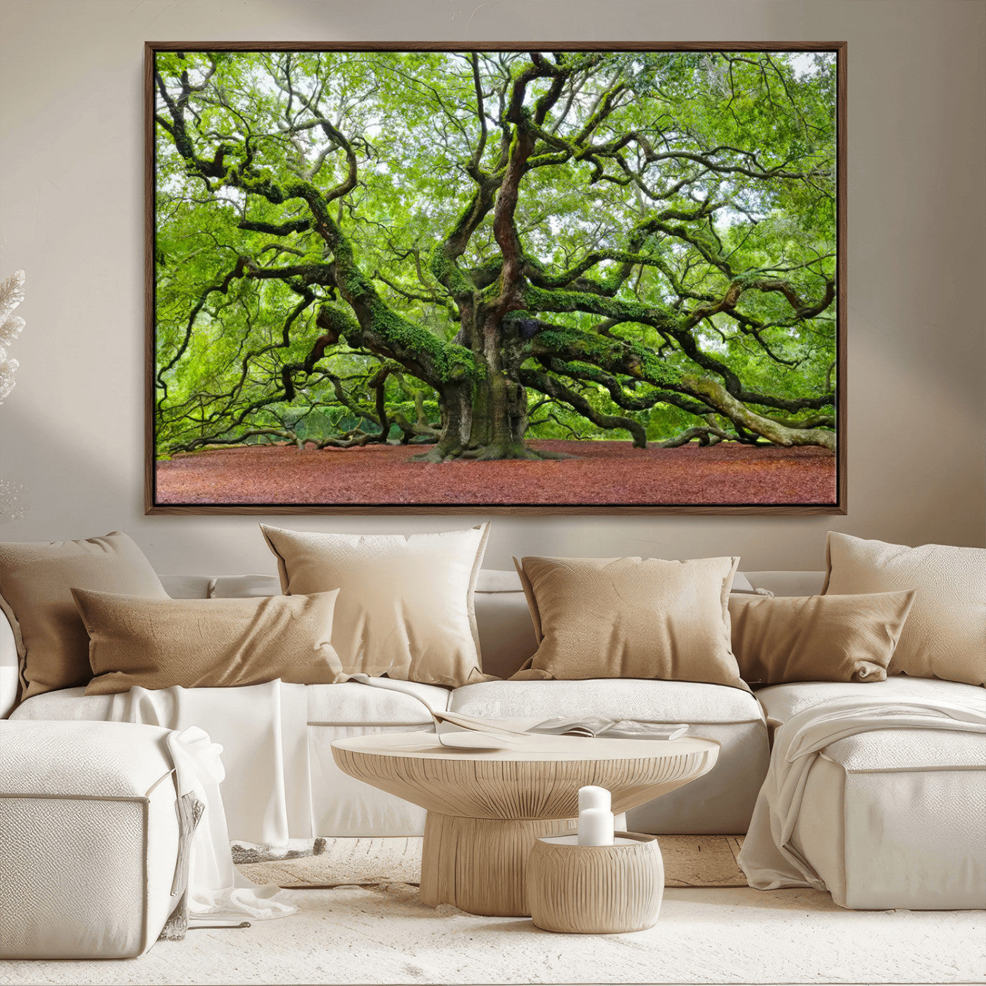 MGV-FC-36X24 - Framed Angel Oak Tree Wall Art - 3-Panel Canvas Prints, Large Green Nature Artwork, Ready to Hang