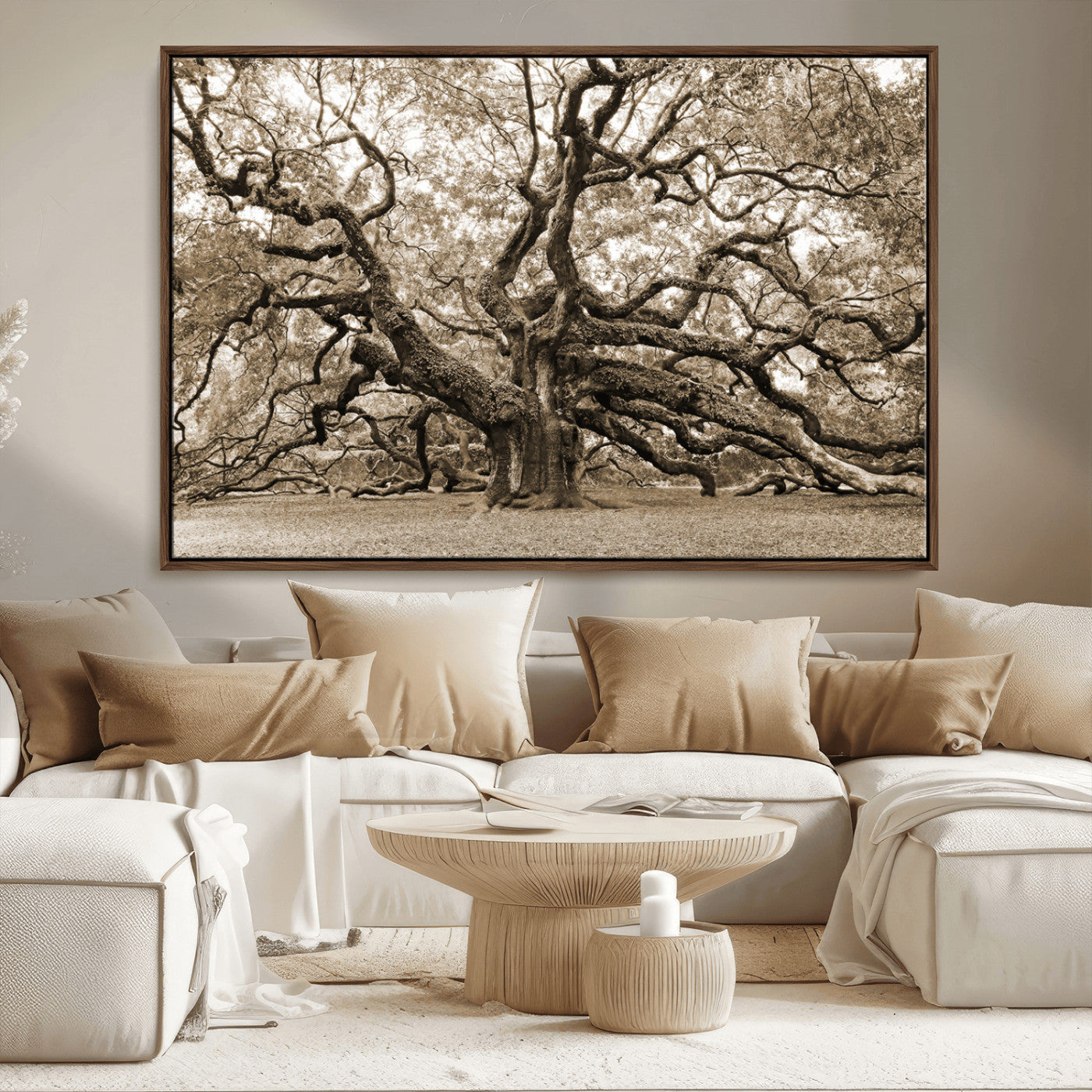 51126-MGV-FC-36X24_Walnut-Sepia Framed Angel Oak Tree Wall Art - 3-Panel Canvas Prints, Large Green Nature Artwork, Ready to