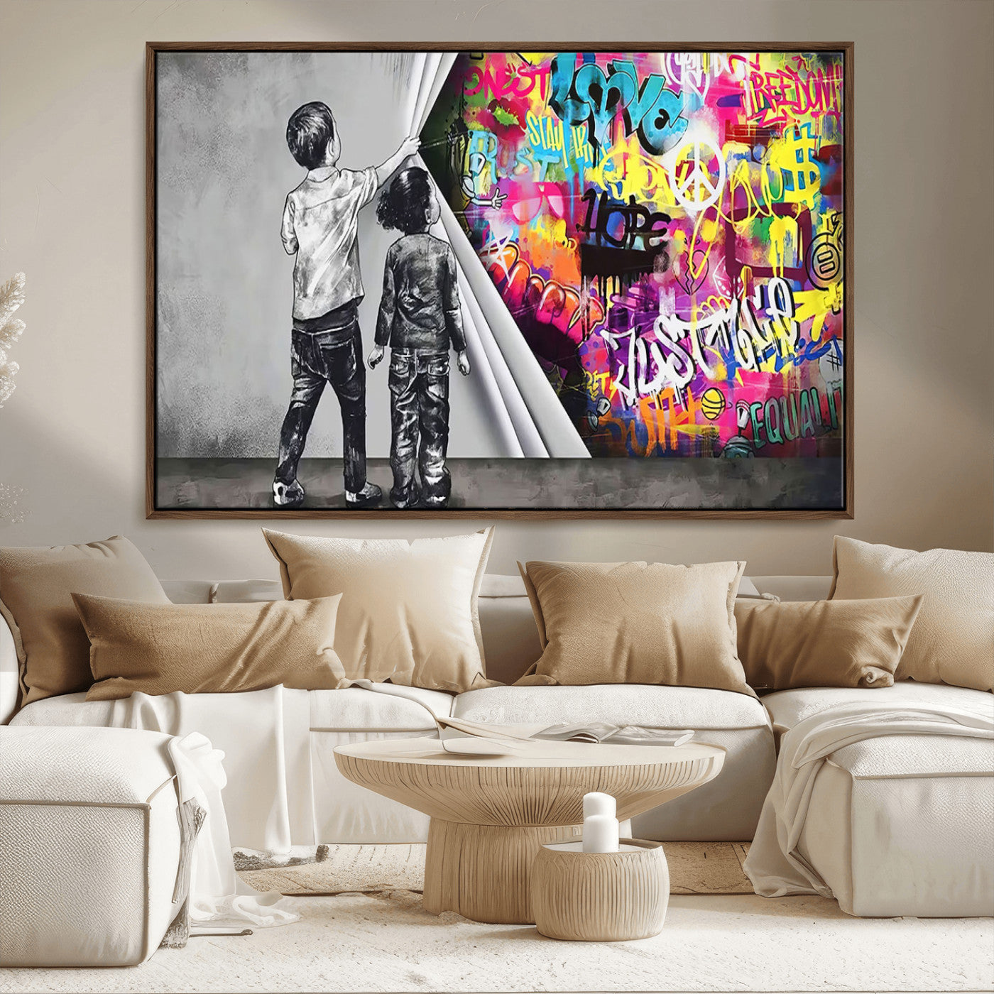 MGV-FC-36X24 - Banksy Print - Street Art Canvas Wall Art - Kids Revealing Graffiti, Urban Modern Decor for Living