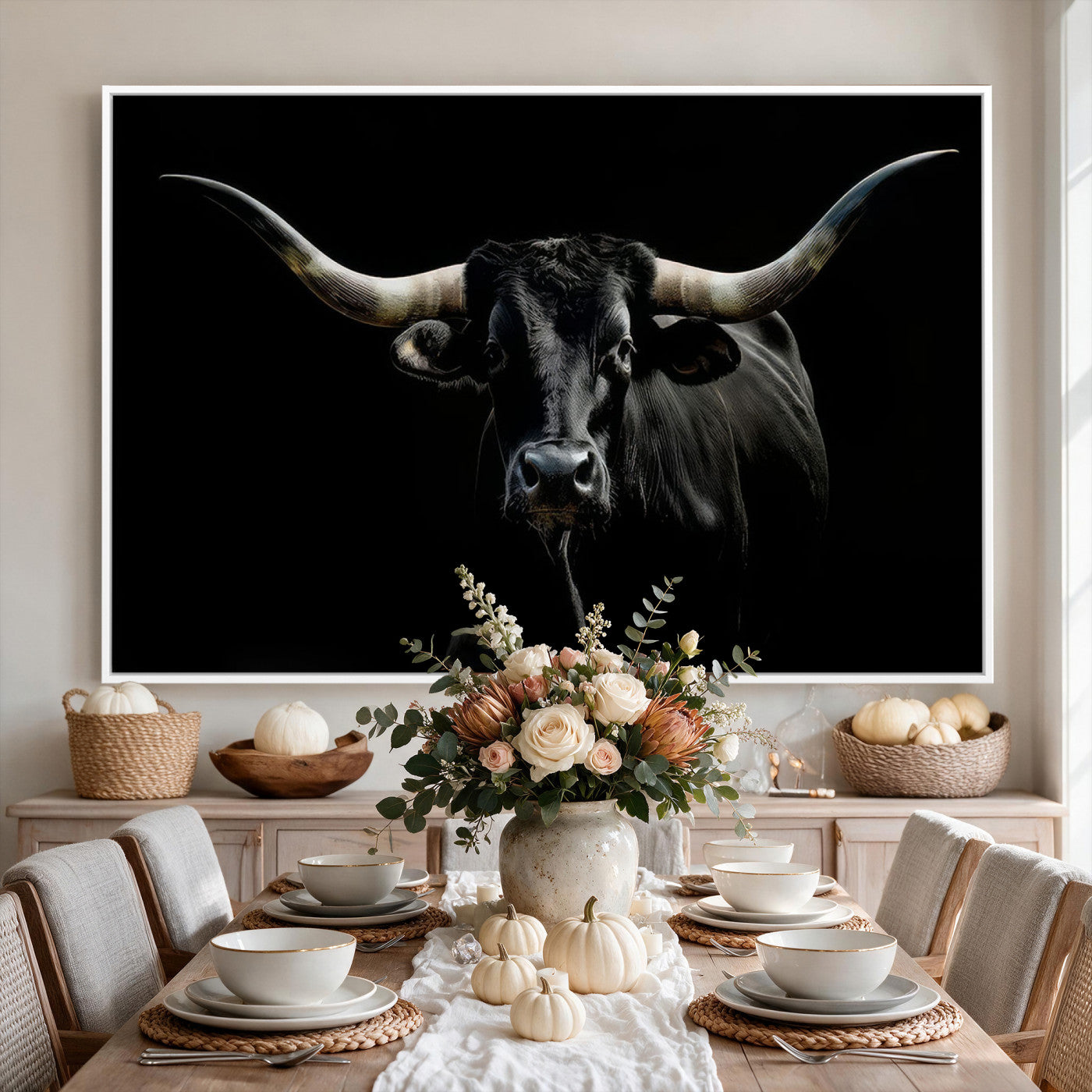 37889-MGV-CV-36X24 - Texas Longhorn Canvas Wall Art - Rustic Western Longhorn Bull Print in Brown & Black - Farmhouse Decor for Living Room, Office, or Ranch