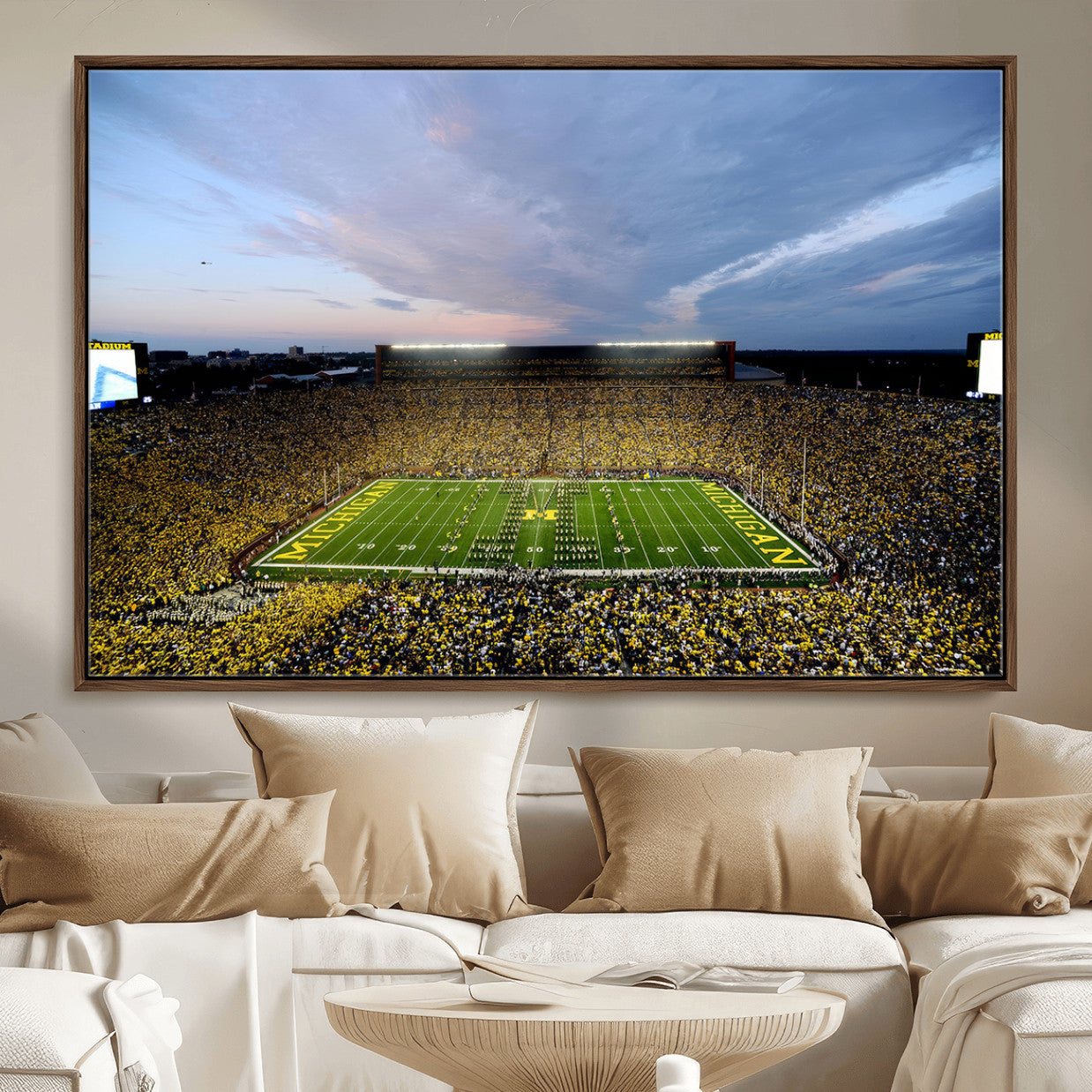 82641-MGV-FC-36X24 - Michigan Stadium Wall Art Canvas Print, Vibrant Game Day Crowd and Sunset Sky Football Field Artwork for Home, Office