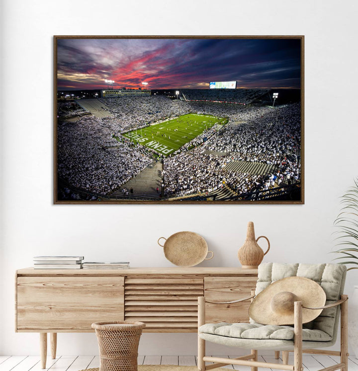 A sunset print on a canvas wall art piece captures the scene of white-clad fans at Beaver Stadium for the Nittany Lions game.