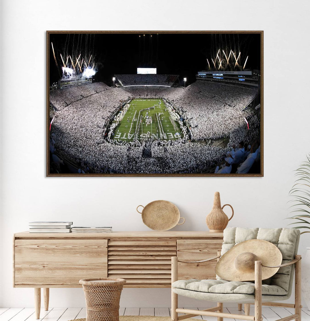 Wide-angle print of a packed stadium with fireworks, ideal gallery-quality wall art - Penn State Nittany Lions Canvas.