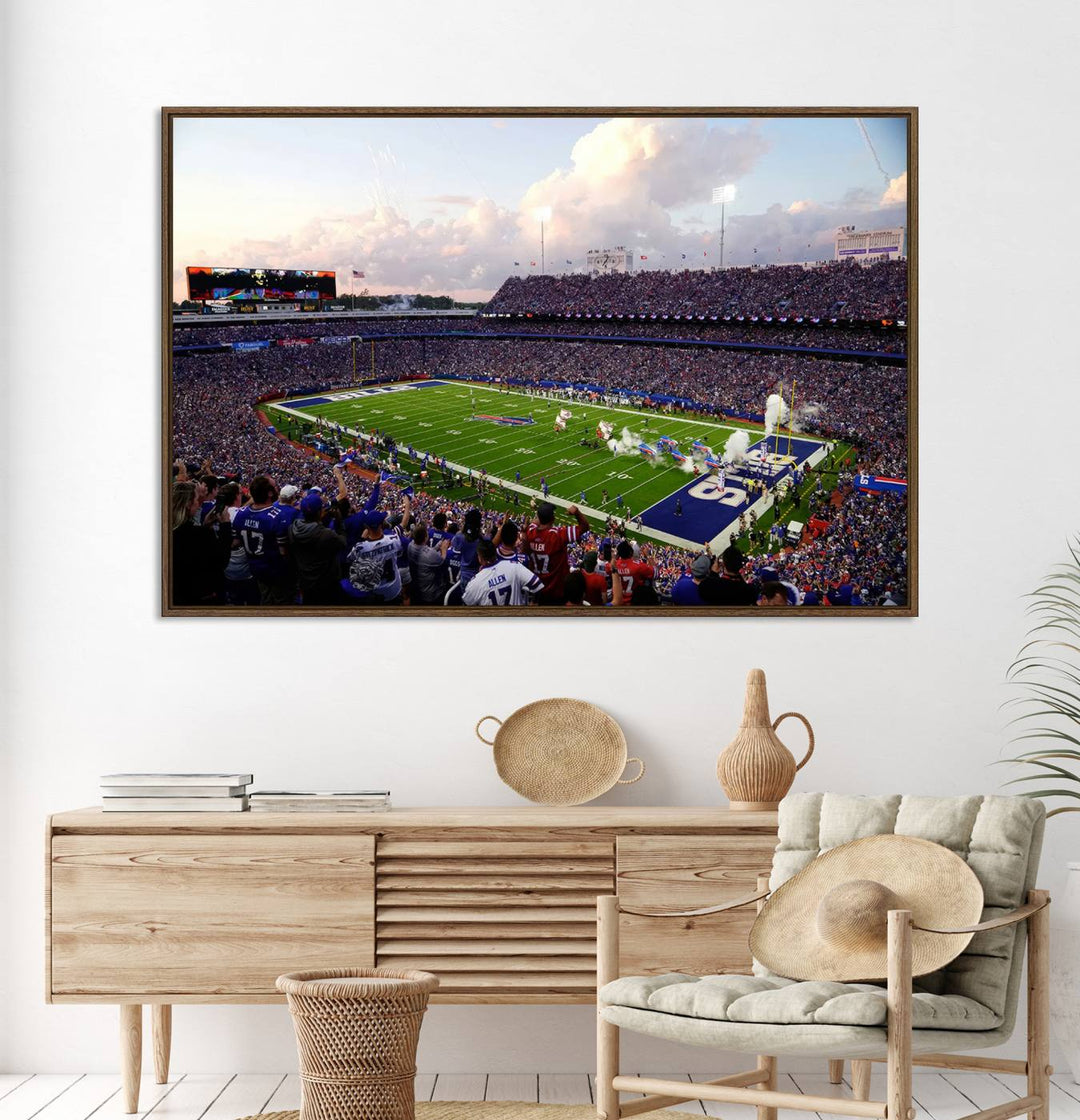 A mural of the Buffalo Bills energizes the atmosphere, capturing the excitement of a game day at Highmark Stadium, even under a cloudy sky.