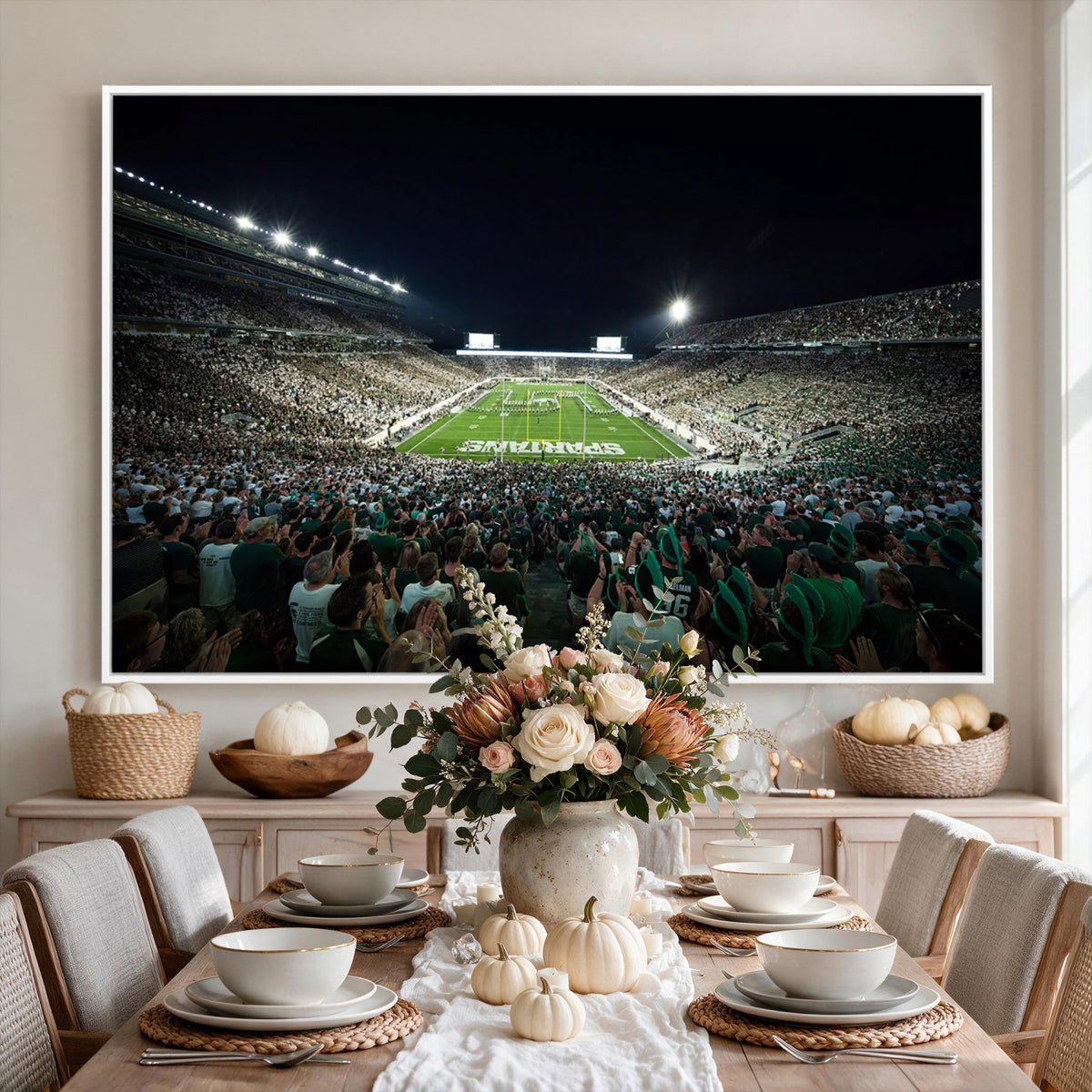 57523-PAN-FL-20X10 - Framed Michigan State Spartans Football Team Print - East Lansing Spartan Stadium Wall Art Canvas
