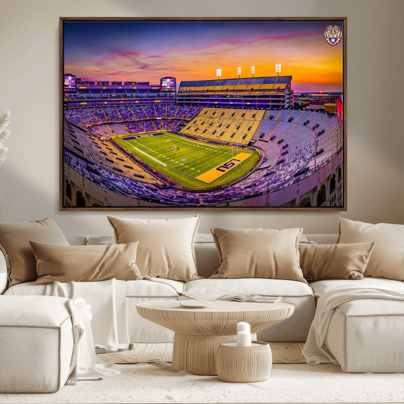 93538-MGV-FC-36X24_Walnut-The Louisiana State University Tigers Football Team Print - Baton Rouge Tiger Stadium Wall Art