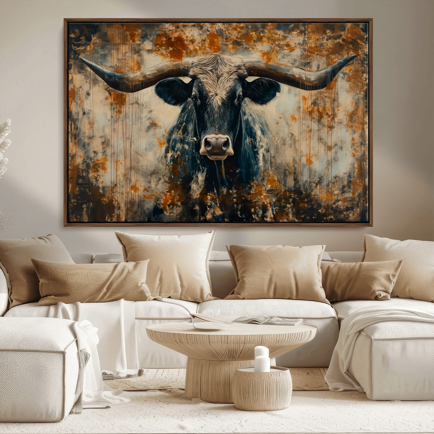 MGV-FC-36X24 - Abstract Longhorn Bull Wall Art | Rustic Western Wall Decor | Framed and Ready to Hang | Ideal for