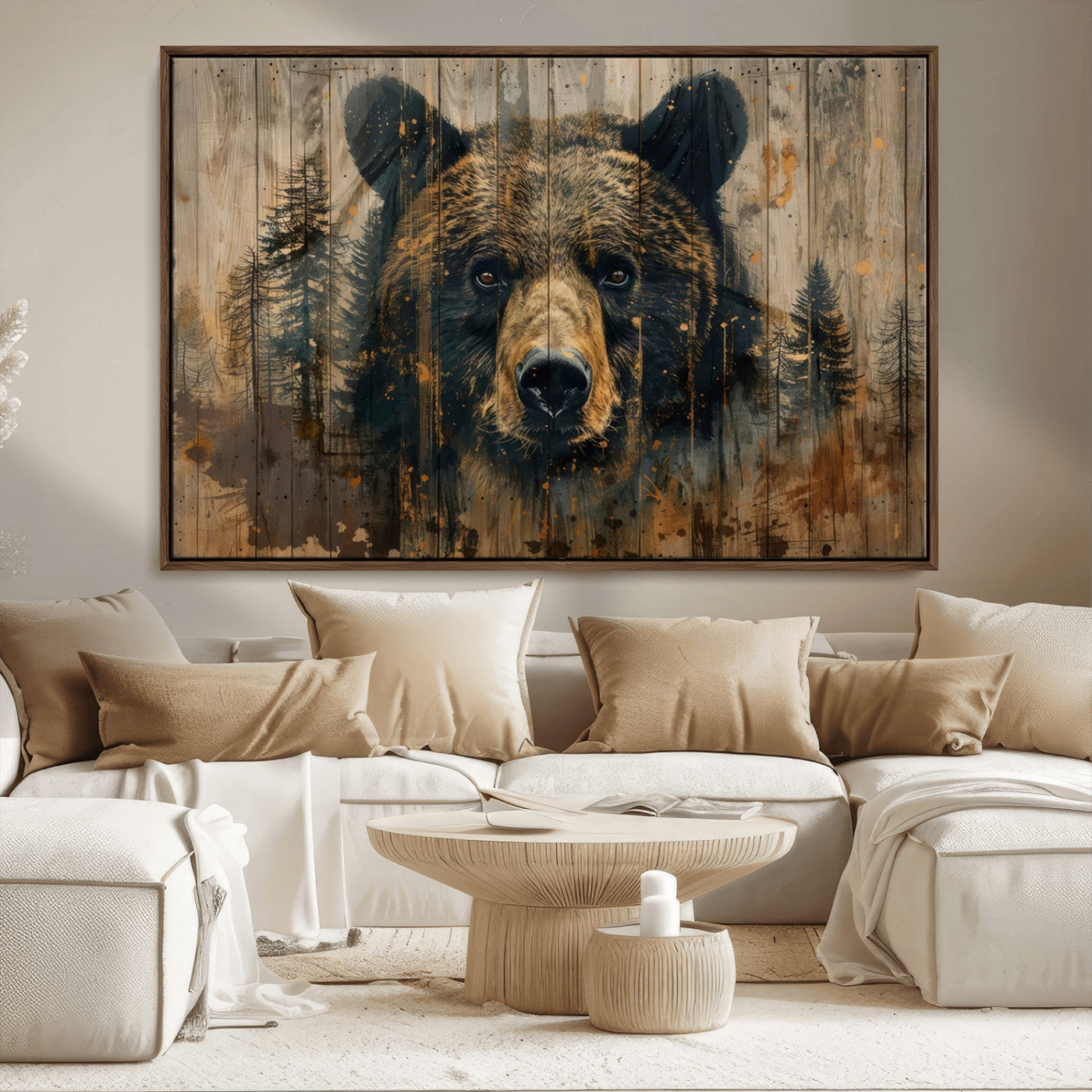 MGV-FC-36X24 - Abstract 399 Bear Wall Art | Rustic Cabin Wall Decor with Forest Design | Framed and Ready to Hang |