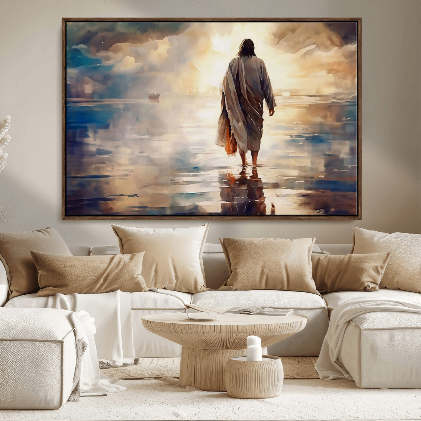 MGV-FC-36X24 - Jesus Walking on Water Wall Art | Ready to Hang Spiritual Triptych Canvas Print | Inspirational