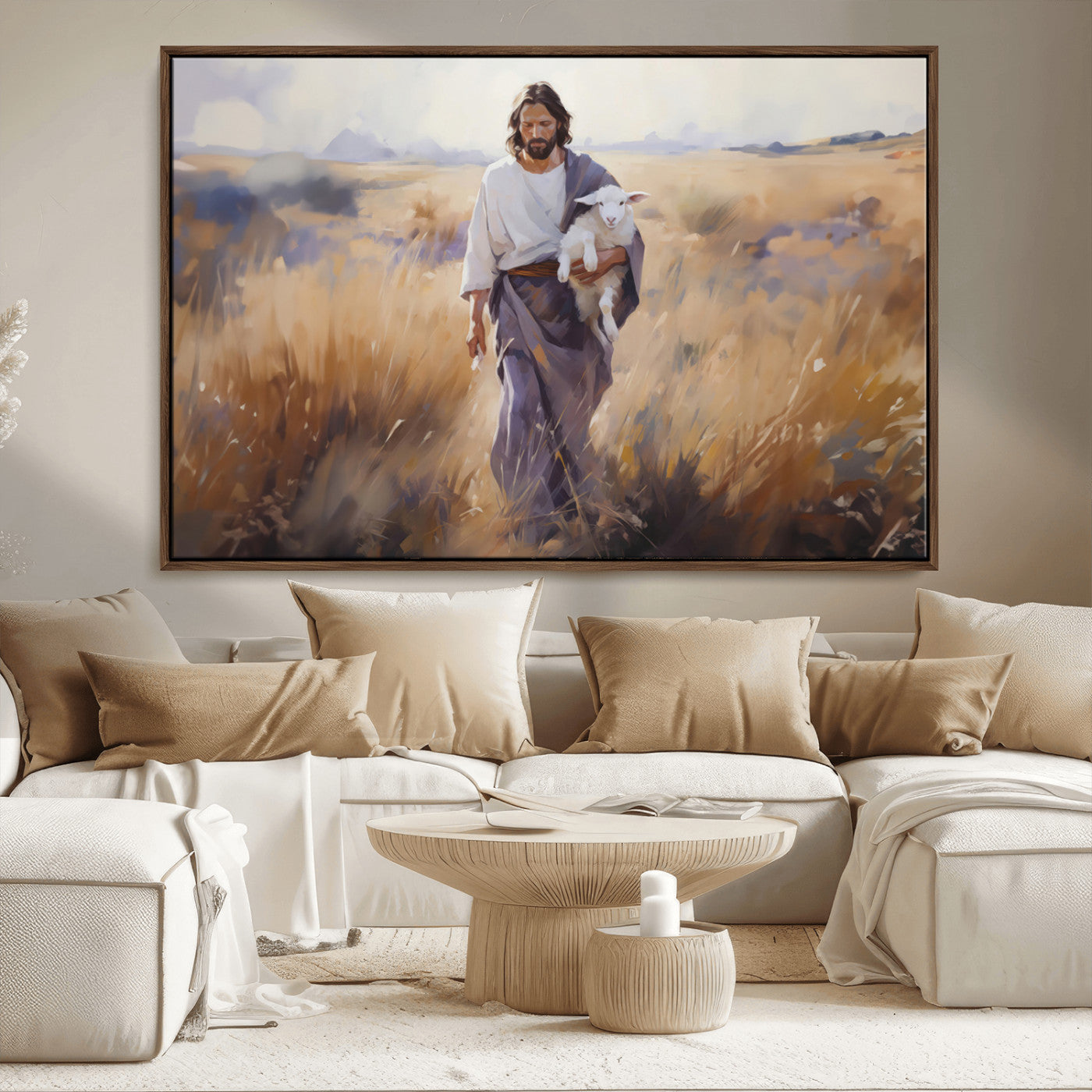 MGV-FC-36X24 - Jesus the Good Shepherd Wall Art Canvas Print - Lost Lamb Print for Prayer Room Decor
