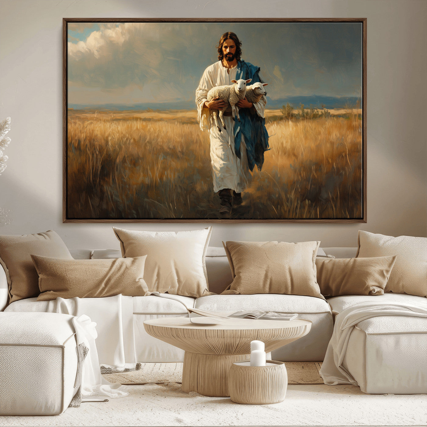 MGV-FC-36X24 - Jesus Shepherd Wall Art | Ready to Hang Triptych Canvas of Jesus Holding a Lamb in a Field |