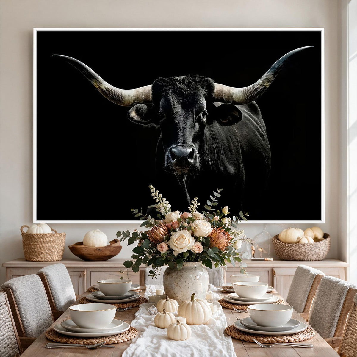 20679-MGV-CV-24X16 - Texas Black Longhorn Bull Wall Art Canvas Print, Western Cattle Rustic Decor