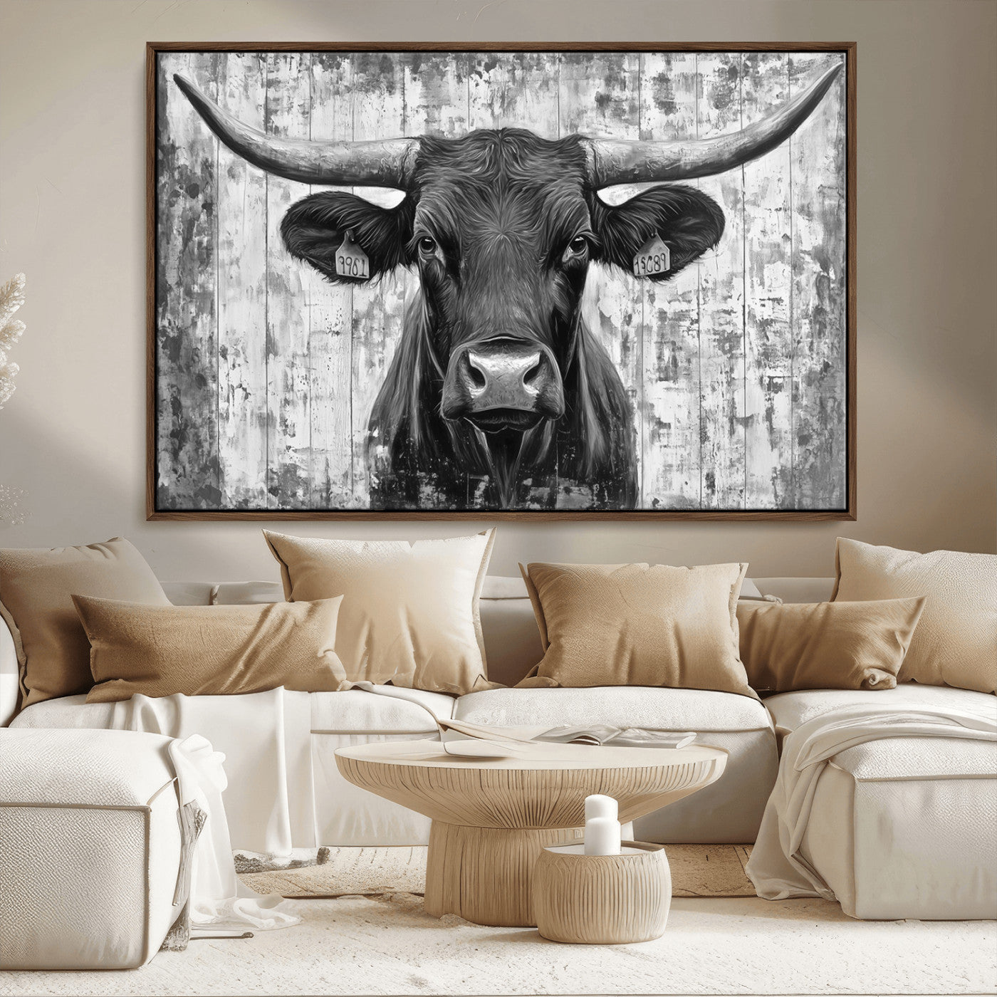 MGV-FC-36X24 - Abstract Longhorn Bull Wall Art Canvas Print - Rustic Texas Western Cow Artwork