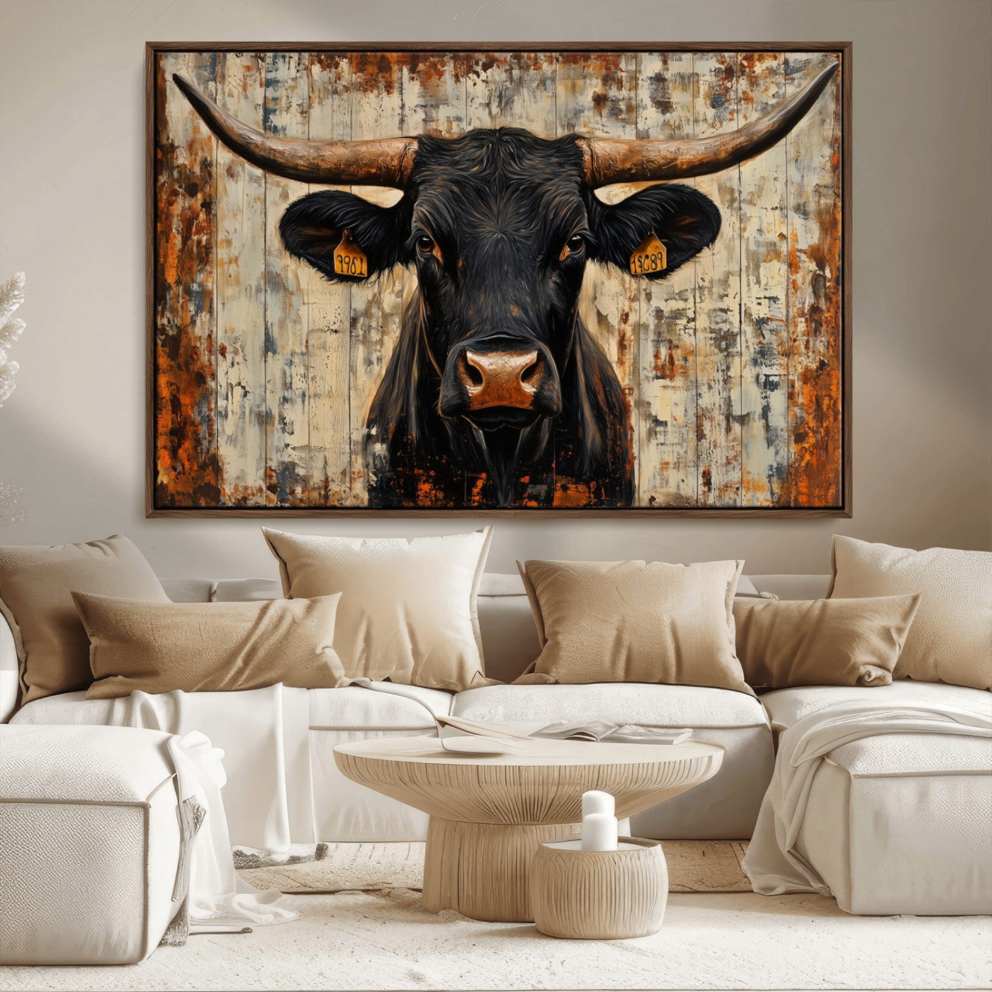 MGV-FC-36X24 - Rustic Texas Artwork Wall Art Canvas Print - Abstract Cow Longhorn Bull Wall Art Canvas Print