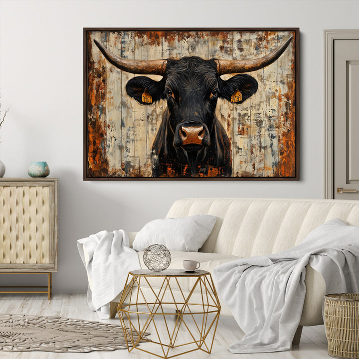 Rustic Texas Artwork Wall Art Canvas Print - Abstract Cow Longhorn Bull Wall Art Canvas Print