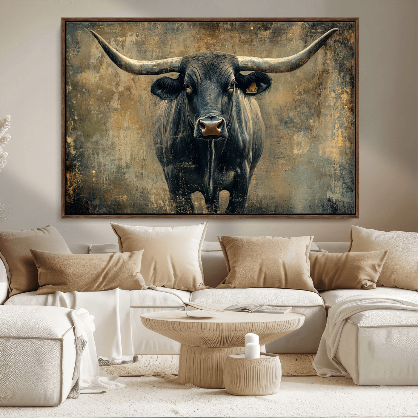 MGV-FC-36X24 - Longhorn Bull Wall Art Canvas Print, Framed Rustic Cow Art Picture Print, Texas Longhorn Perfect Western Decor Artwork
