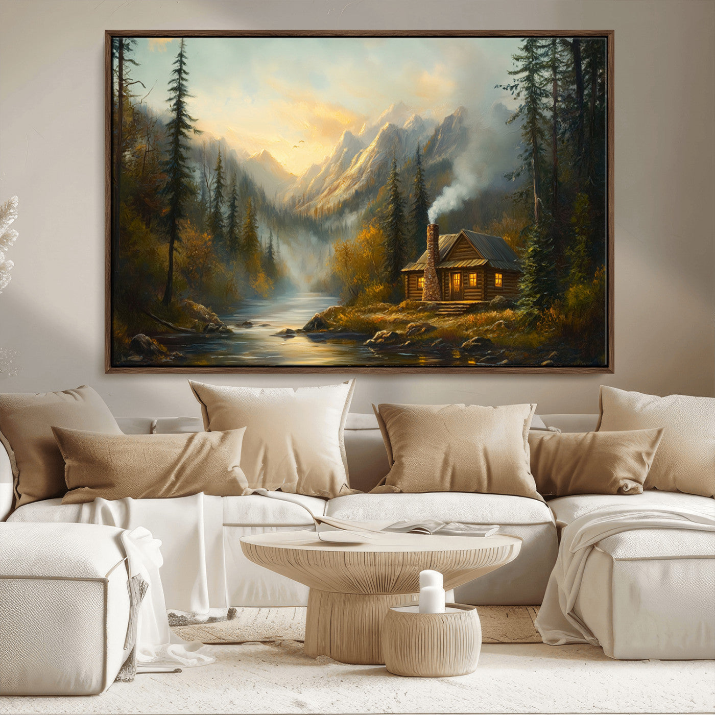 MGV-FC-36X24 - Wood Cabin Retreat Mountain at Sunset Wall Art Print - Serene Forest and River Landscape Wall Art