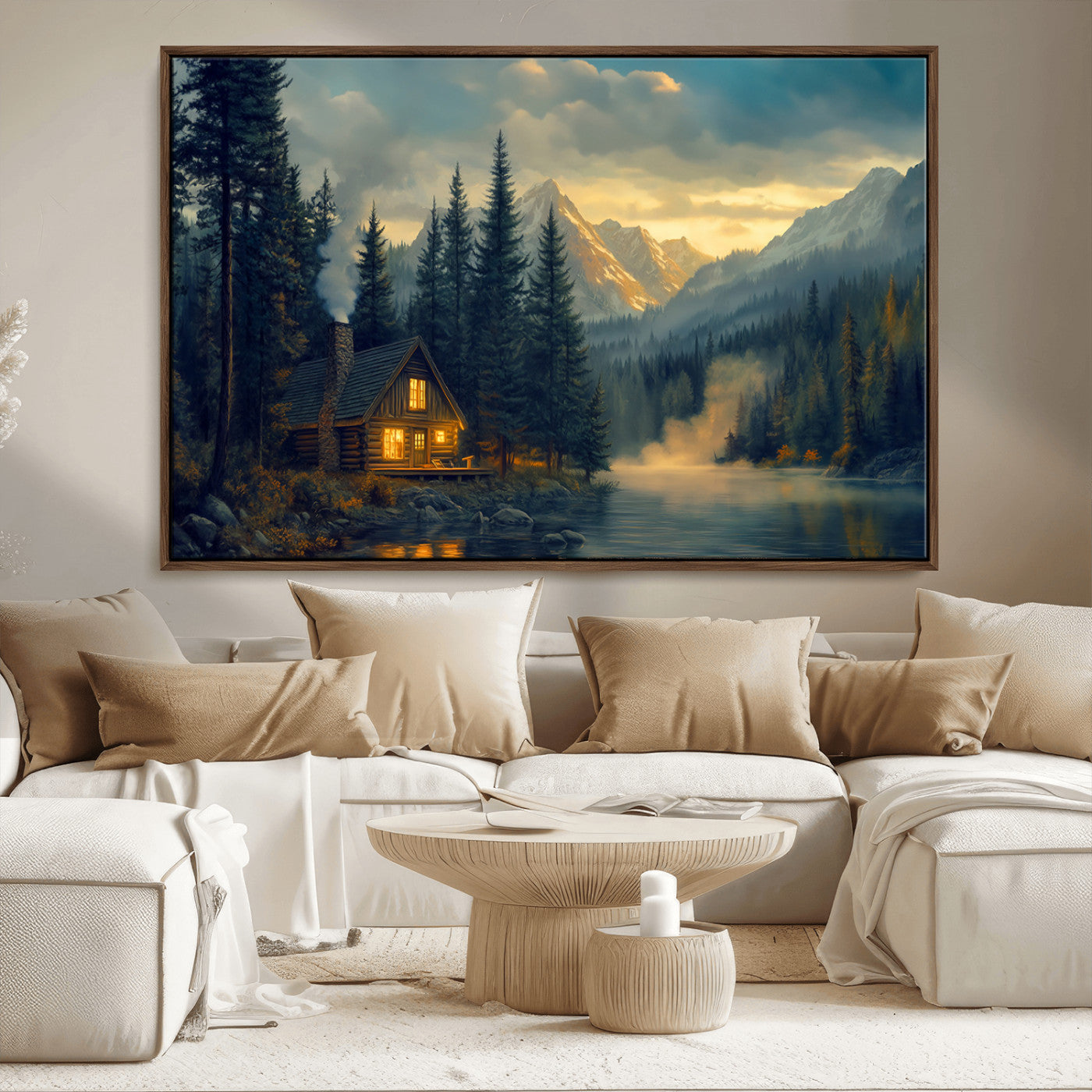 MGV-FC-36X24 - Mountain Cabin by the Lake at Sunset Wall Art - Serene Nature Canvas Print for Living Room Decor,