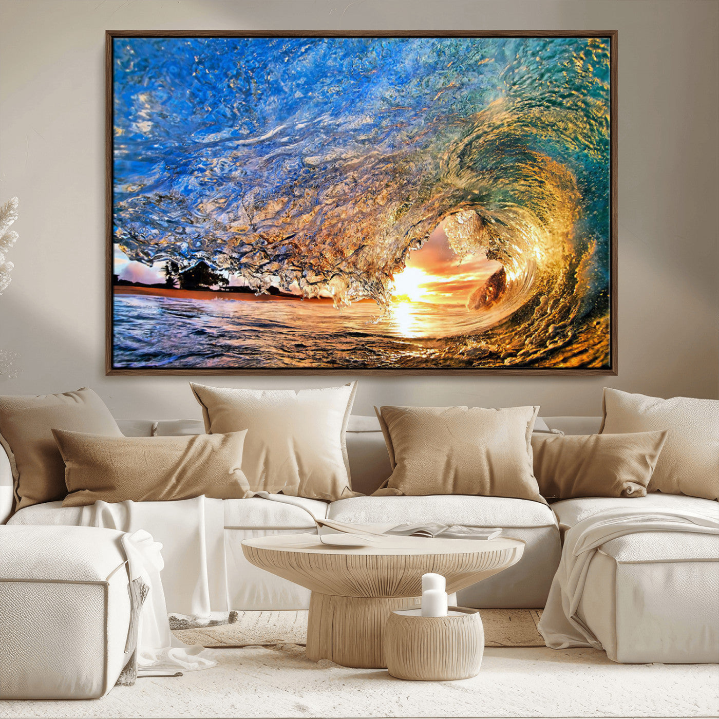 MGV-FC-36X24 - Ocean Wave at Sunset Canvas Wall Art – Vibrant Coastal Beach Waves Print, Large Nautical Decor,