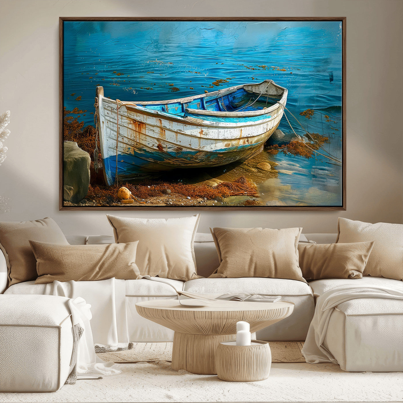 MGV-FC-36X24 - Vintage Boat on Tranquil Waters | Coastal Wall Art for Nautical Decor | Rustic Triptych Canvas Print