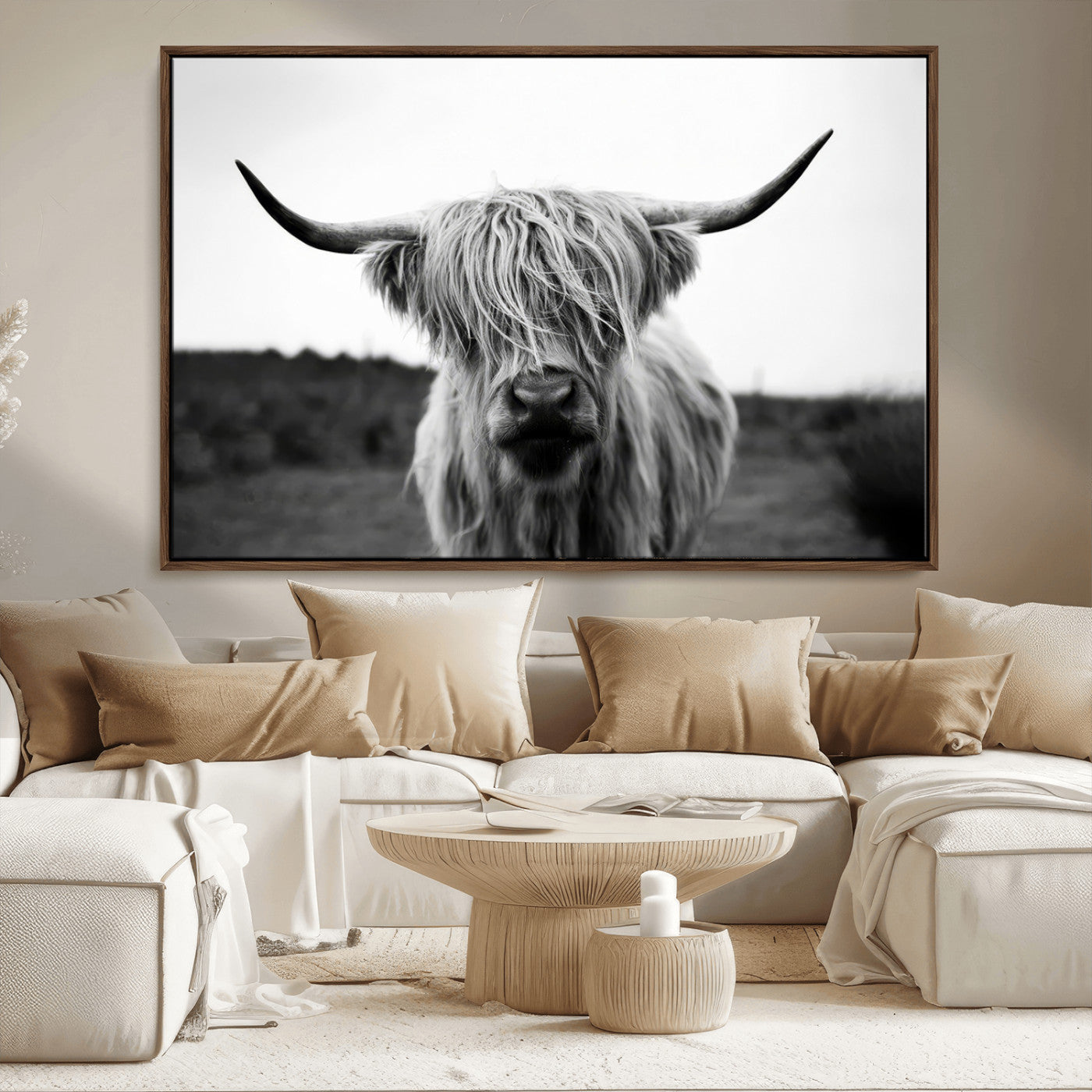 MGV-FC-36X24 - Highland Cow Wall Art | Black and White Farmhouse Decor | Triptych Canvas Print | Rustic Barn Decor