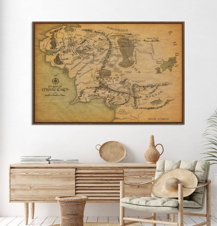 J.R.R. Tolkien's Middle-Earth World Map 3 Panel Wall Art Canvas Print | Vintage Map Wall Art for Living Room or Office | Large Framed Gallery Wrap