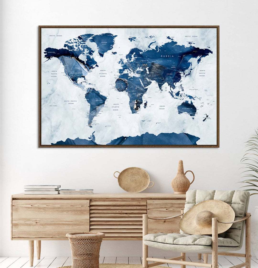 Blue and white watercolor World Map Wall Art Canvas Print, perfect for enhancing decor.