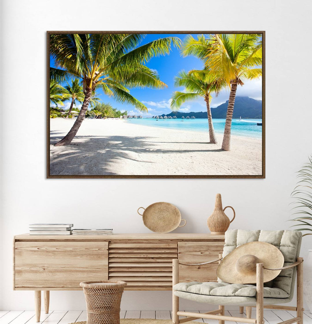 Blue Beach and Sea Wall Art Canvas Print: showcases a tropical scene with palm trees, white sand, and turquoise water.