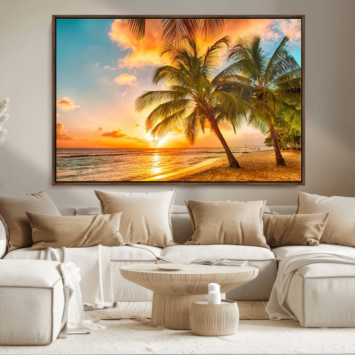 MGV-FC-36X24 - Tropical Sunset Beach Canvas Wall Art Print – Vibrant Palm Trees and Coastal Sunset Wall Decor for