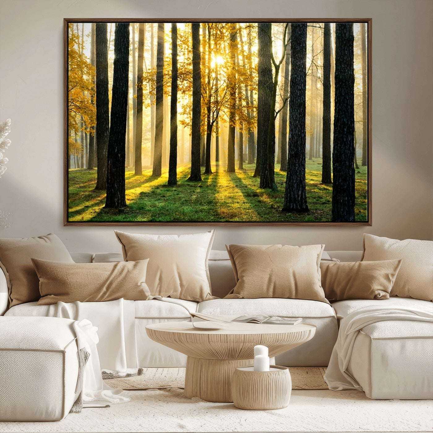 MGV-FC-36X24 - Sunlit Forest Canvas Wall Art – Serene Woodland Triptych Landscape Print – Nature-Inspired Decor for