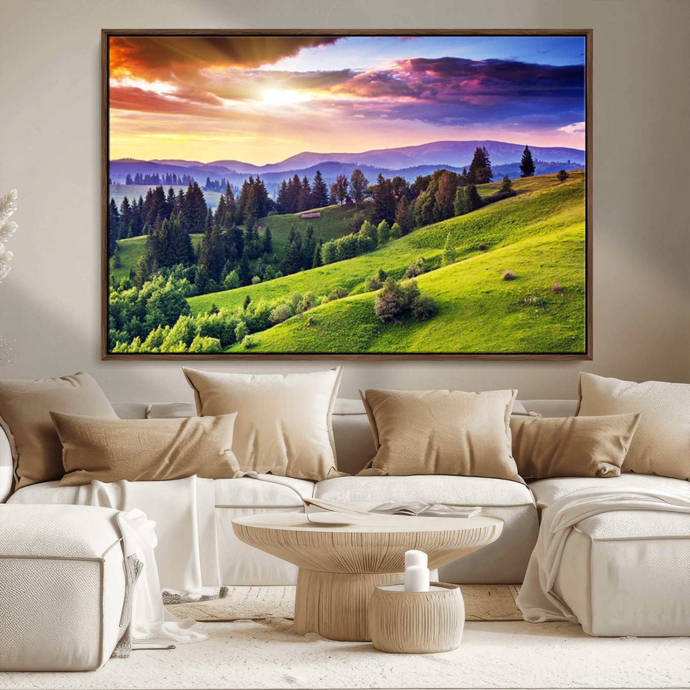 MGV-FC-36X24 - Green Hills and Sunset Wall Art Print - Scenic Landscape with Lush Greenery and Vibrant Sky, Ready