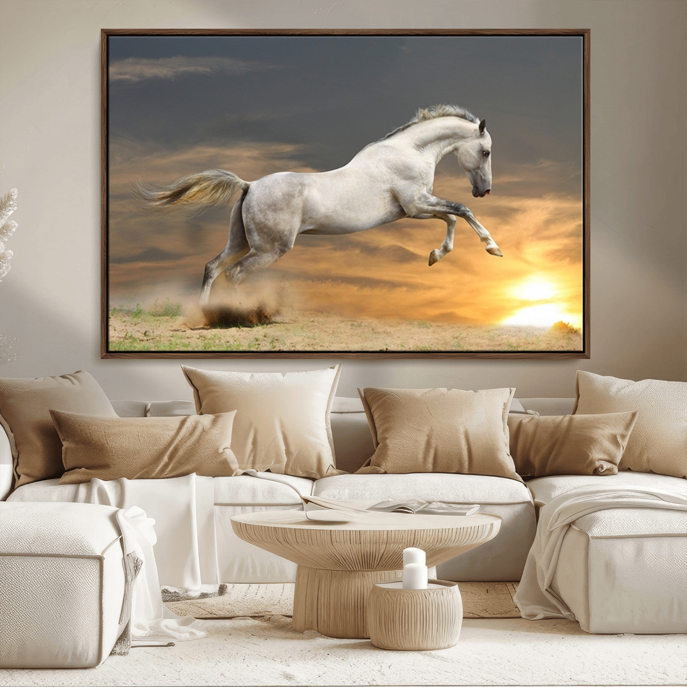 MGV-FC-36X24 - Large Wall Art Animal Canvas Print - White Jumping Horse at Sunset